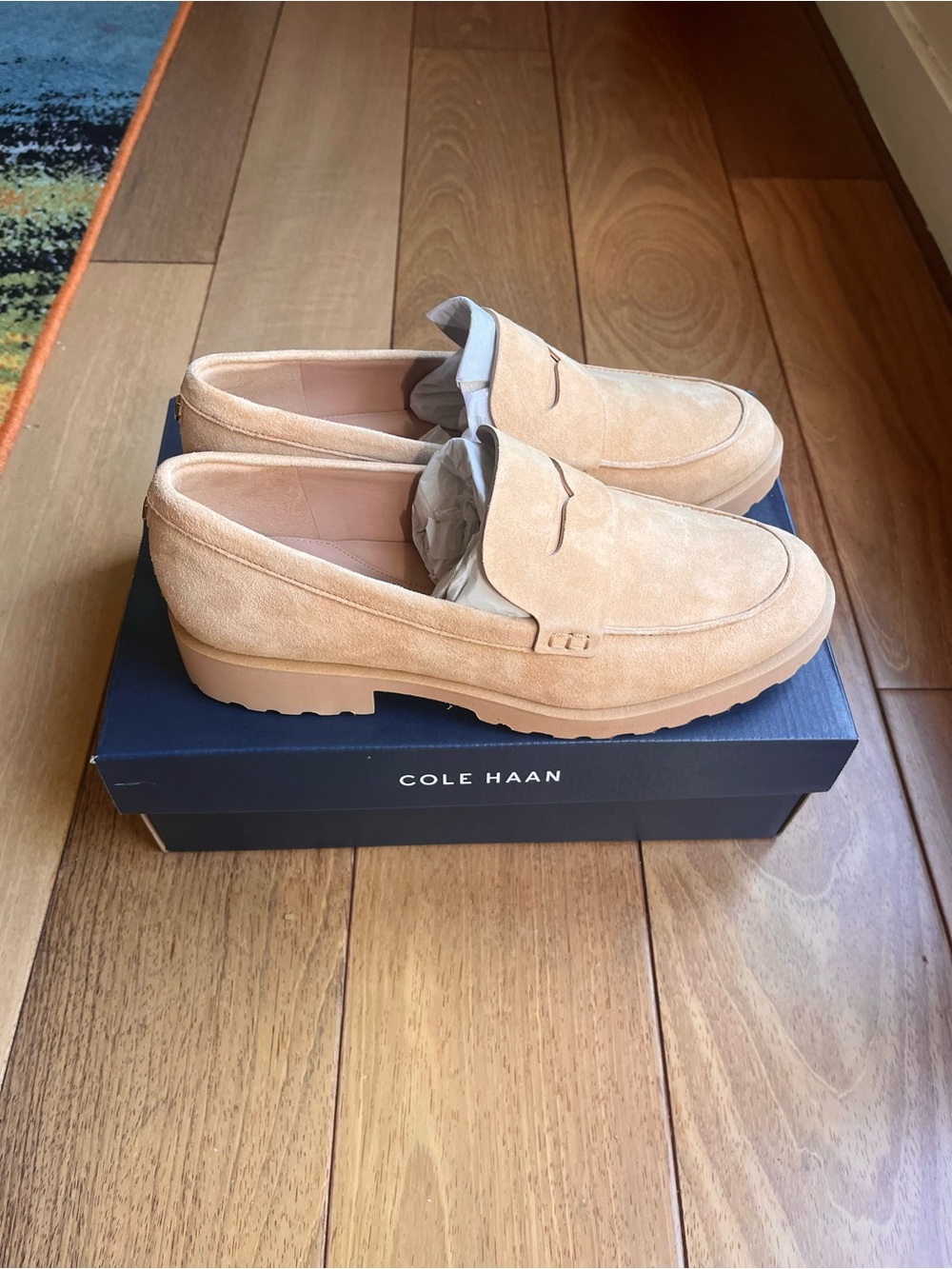 NIB Cole Haan Women's Gwendolyn Penny Loafers Tuscan Sand Suede Size 8 W33065